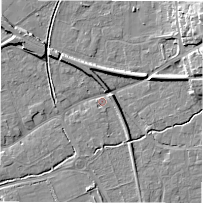 Shaded relief map of the ground around SO518LJ, computed from Environment Agency LiDAR. The ground here sits at about 18 m above sea level and falls 19 m across the surrounding 800 m. Surface water reaching this point runs off ground lying to the north-east, 17.4 m higher.