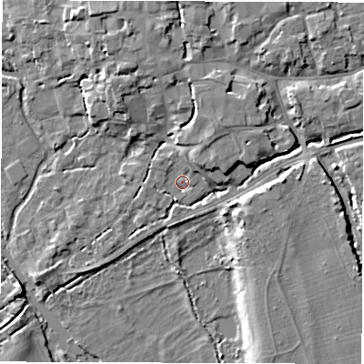Shaded relief map of the ground around SO518LZ, computed from Environment Agency LiDAR. The ground here sits at about 14 m above sea level and falls 9 m across the surrounding 800 m. Surface water reaching this point runs off ground lying to the north, 2.6 m higher.