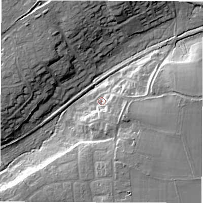 Shaded relief map of the ground around SO518PD, computed from Environment Agency LiDAR. The ground here sits at about 26 m above sea level and falls 21 m across the surrounding 800 m. Surface water reaching this point runs off ground lying to the south-east, 11.3 m higher.