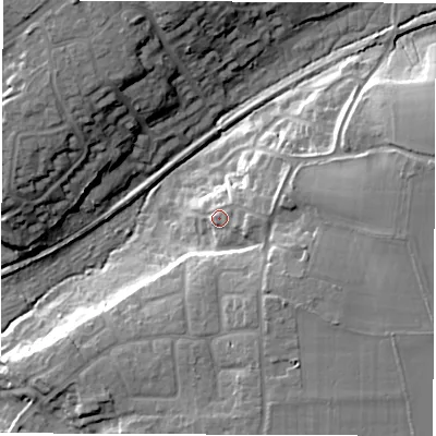 Shaded relief map of the ground around SO518PE, computed from Environment Agency LiDAR. The ground here sits at about 32 m above sea level and falls 21 m across the surrounding 800 m. Surface water reaching this point runs off ground lying to the east, 6.1 m higher.