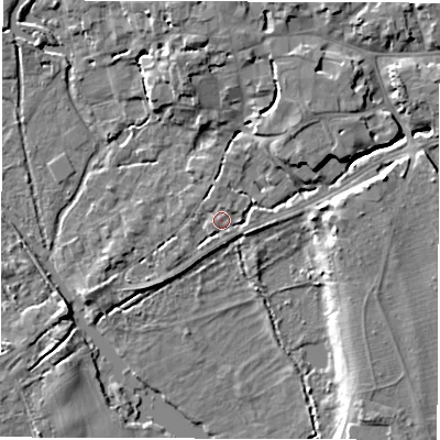 Shaded relief map of the ground around SO518QL, computed from Environment Agency LiDAR. The ground here sits at about 13 m above sea level and falls 8 m across the surrounding 800 m. Surface water reaching this point runs off ground lying to the east-north-east, 6.2 m higher.