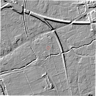 Shaded relief map of the ground around SO518WJ, computed from Environment Agency LiDAR. The ground here sits at about 18 m above sea level and falls 18 m across the surrounding 800 m. Surface water reaching this point runs off ground lying to the north-north-west, 0.7 m higher.