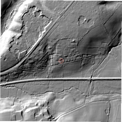 Shaded relief map of the ground around SO519AJ, computed from Environment Agency LiDAR. The ground here sits at about 34 m above sea level and falls 24 m across the surrounding 800 m. Surface water reaching this point runs off ground lying to the north-north-east, 12.6 m higher.