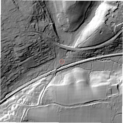 Shaded relief map of the ground around SO519AN, computed from Environment Agency LiDAR. The ground here sits at about 24 m above sea level and falls 23 m across the surrounding 800 m. Surface water reaching this point runs off ground lying to the north-west, 20.6 m higher.