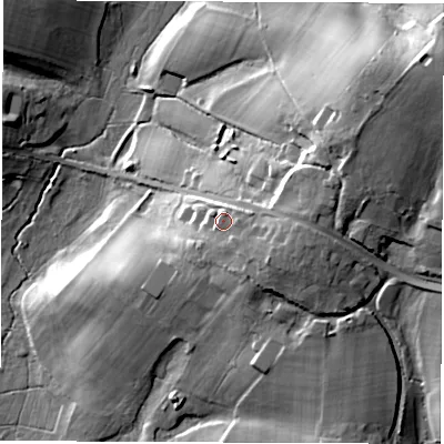Shaded relief map of the ground around SO519BD, computed from Environment Agency LiDAR. The ground here sits at about 57 m above sea level and falls 37 m across the surrounding 800 m. Surface water reaching this point runs off ground lying to the south-east, 3.3 m higher.