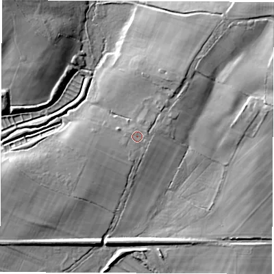 Shaded relief map of the ground around SO519BN, computed from Environment Agency LiDAR. The ground here sits at about 37 m above sea level and falls 25 m across the surrounding 800 m. Surface water reaching this point runs off ground lying to the north-east, 1.3 m higher.