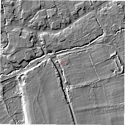 Shaded relief map of the ground around SO519LA, computed from Environment Agency LiDAR. The ground here sits at about 17 m above sea level and falls 9 m across the surrounding 800 m. Surface water reaching this point runs off ground lying to the south-south-east, 0.7 m higher.