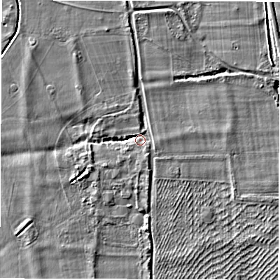 Shaded relief map of the ground around SO519LB, computed from Environment Agency LiDAR. The ground here sits at about 15 m above sea level and falls 3 m across the surrounding 800 m. Surface water reaching this point runs off ground lying to the west-south-west, 3.2 m higher.
