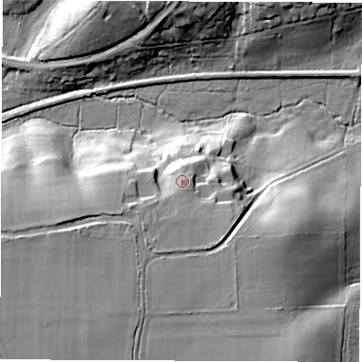 Shaded relief map of the ground around SO519ZH, computed from Environment Agency LiDAR. The ground here sits at about 41 m above sea level and falls 23 m across the surrounding 800 m. Surface water reaching this point runs off ground lying to the south, 1.2 m higher.