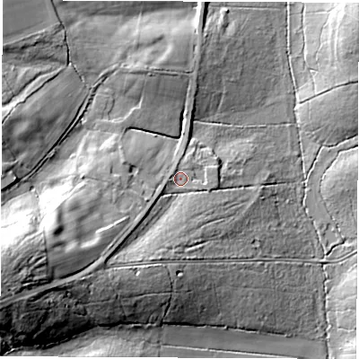 Shaded relief map of the ground around SO529LP, computed from Environment Agency LiDAR. The ground here sits at about 44 m above sea level and falls 36 m across the surrounding 800 m. Surface water reaching this point runs off ground lying to the west-south-west, 3.0 m higher.