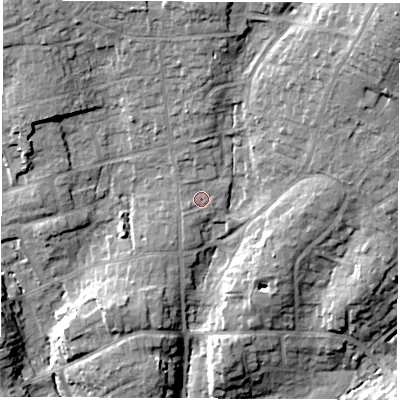 Shaded relief map of the ground around SO531DZ, computed from Environment Agency LiDAR. The ground here sits at about 34 m above sea level and falls 25 m across the surrounding 800 m. Surface water reaching this point runs off ground lying to the north, 1.5 m higher.