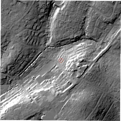 Shaded relief map of the ground around SO531EH, computed from Environment Agency LiDAR. The ground here sits at about 34 m above sea level and falls 23 m across the surrounding 800 m. Surface water reaching this point runs off ground lying to the east-south-east, 15.3 m higher.