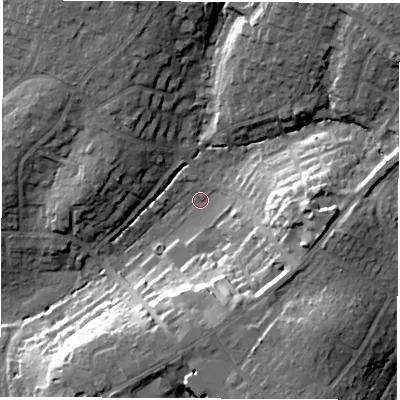 Shaded relief map of the ground around SO531EJ, computed from Environment Agency LiDAR. The ground here sits at about 31 m above sea level and falls 23 m across the surrounding 800 m. Surface water reaching this point runs off ground lying to the east, 18.4 m higher.