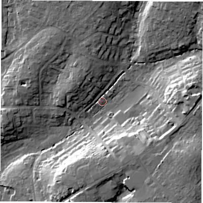 Shaded relief map of the ground around SO531EL, computed from Environment Agency LiDAR. The ground here sits at about 30 m above sea level and falls 25 m across the surrounding 800 m. Surface water reaching this point runs off ground lying to the east, 20.5 m higher.