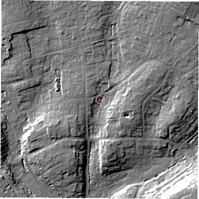Shaded relief map of the ground around SO531GB, computed from Environment Agency LiDAR. The ground here sits at about 31 m above sea level and falls 23 m across the surrounding 800 m. Surface water reaching this point runs off ground lying to the north-east, 16.9 m higher.