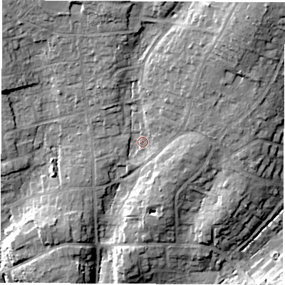 Shaded relief map of the ground around SO531GD, computed from Environment Agency LiDAR. The ground here sits at about 34 m above sea level and falls 25 m across the surrounding 800 m. Surface water reaching this point runs off ground lying to the north-east, 17.9 m higher.