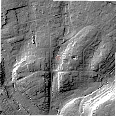 Shaded relief map of the ground around SO531GH, computed from Environment Agency LiDAR. The ground here sits at about 30 m above sea level and falls 23 m across the surrounding 800 m. Surface water reaching this point runs off ground lying to the north-east, 15.1 m higher.