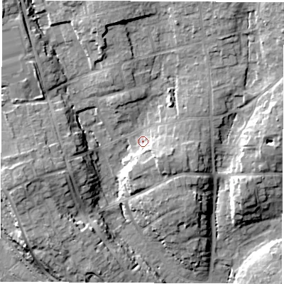 Shaded relief map of the ground around SO531GP, computed from Environment Agency LiDAR. The ground here sits at about 30 m above sea level and falls 18 m across the surrounding 800 m. Surface water reaching this point runs off ground lying to the south-east, 6.9 m higher.