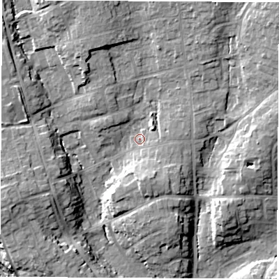 Shaded relief map of the ground around SO531GQ, computed from Environment Agency LiDAR. The ground here sits at about 31 m above sea level and falls 18 m across the surrounding 800 m. Surface water reaching this point runs off ground lying to the north-north-east, 10.8 m higher.