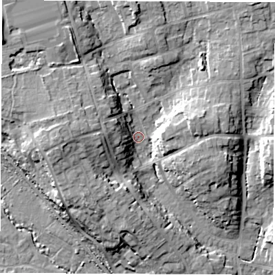 Shaded relief map of the ground around SO531GR, computed from Environment Agency LiDAR. The ground here sits at about 28 m above sea level and falls 18 m across the surrounding 800 m. Surface water reaching this point runs off ground lying to the west, 12.7 m higher.