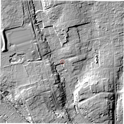 Shaded relief map of the ground around SO531GW, computed from Environment Agency LiDAR. The ground here sits at about 31 m above sea level and falls 18 m across the surrounding 800 m. Surface water reaching this point runs off ground lying to the west-north-west, 12.1 m higher.