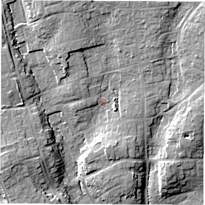 Shaded relief map of the ground around SO531GY, computed from Environment Agency LiDAR. The ground here sits at about 31 m above sea level and falls 18 m across the surrounding 800 m. Surface water reaching this point runs off ground lying to the north-north-east, 11.9 m higher.