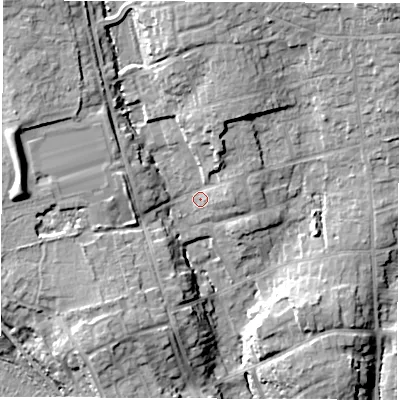 Shaded relief map of the ground around SO531HB, computed from Environment Agency LiDAR. The ground here sits at about 32 m above sea level and falls 20 m across the surrounding 800 m. Surface water reaching this point runs off ground lying to the north-west, 10.3 m higher.
