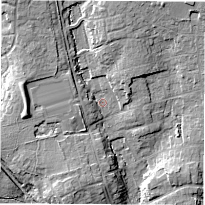 Shaded relief map of the ground around SO531HD, computed from Environment Agency LiDAR. The ground here sits at about 32 m above sea level and falls 19 m across the surrounding 800 m. Surface water reaching this point runs off ground lying to the north-west, 10.9 m higher.