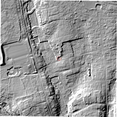 Shaded relief map of the ground around SO531HE, computed from Environment Agency LiDAR. The ground here sits at about 33 m above sea level and falls 20 m across the surrounding 800 m. Surface water reaching this point runs off ground lying to the north-north-east, 5.5 m higher.