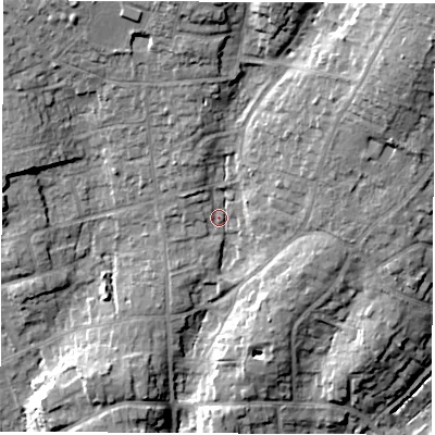 Shaded relief map of the ground around SO531HN, computed from Environment Agency LiDAR. The ground here sits at about 34 m above sea level and falls 25 m across the surrounding 800 m. Surface water reaching this point runs off ground lying to the north-east, 17.3 m higher.