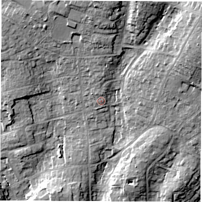 Shaded relief map of the ground around SO531HU, computed from Environment Agency LiDAR. The ground here sits at about 37 m above sea level and falls 24 m across the surrounding 800 m. Surface water reaching this point runs off ground lying to the north, 3.2 m higher.