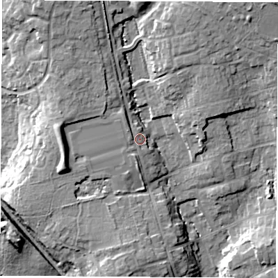 Shaded relief map of the ground around SO531JH, computed from Environment Agency LiDAR. The ground here sits at about 36 m above sea level and falls 20 m across the surrounding 800 m. Surface water reaching this point runs off ground lying to the north-west, 4.4 m higher.