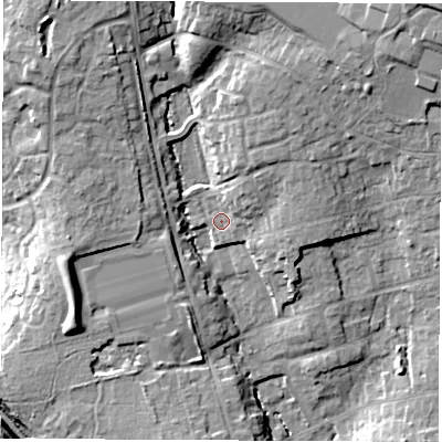 Shaded relief map of the ground around SO531JR, computed from Environment Agency LiDAR. The ground here sits at about 34 m above sea level and falls 21 m across the surrounding 800 m. Surface water reaching this point runs off ground lying to the north-east, 14.3 m higher.