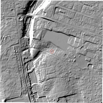 Shaded relief map of the ground around SO531JT, computed from Environment Agency LiDAR. The ground here sits at about 41 m above sea level and falls 27 m across the surrounding 800 m. Surface water reaching this point runs off ground lying to the north-east, 17.9 m higher.