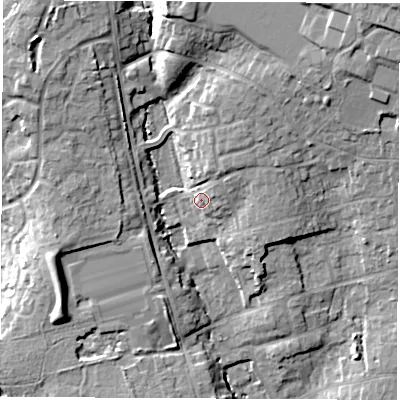 Shaded relief map of the ground around SO531JY, computed from Environment Agency LiDAR. The ground here sits at about 36 m above sea level and falls 22 m across the surrounding 800 m. Surface water reaching this point runs off ground lying to the north-north-east, 5.3 m higher.