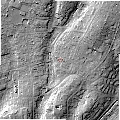 Shaded relief map of the ground around SO531LZ, computed from Environment Agency LiDAR. The ground here sits at about 38 m above sea level and falls 24 m across the surrounding 800 m. Surface water reaching this point runs off ground lying to the north-east, 8.8 m higher.