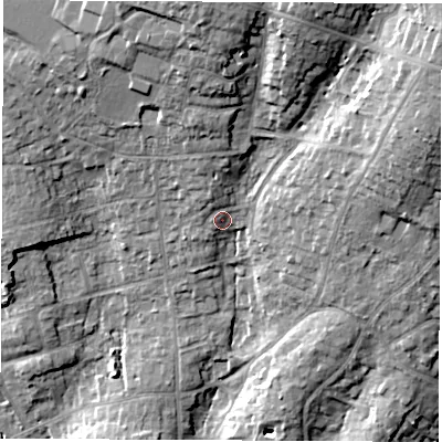 Shaded relief map of the ground around SO531NB, computed from Environment Agency LiDAR. The ground here sits at about 38 m above sea level and falls 24 m across the surrounding 800 m. Surface water reaching this point runs off ground lying to the north, 9.3 m higher.