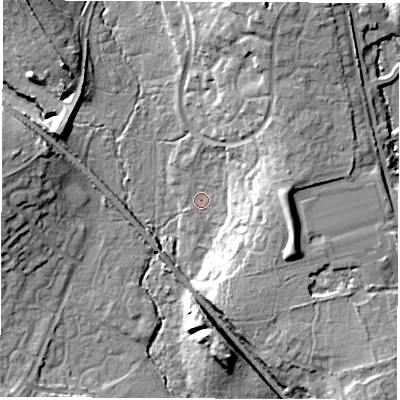 Shaded relief map of the ground around SO531SF, computed from Environment Agency LiDAR. The ground here sits at about 29 m above sea level and falls 19 m across the surrounding 800 m. Surface water reaching this point runs off ground lying to the north-north-east, 16.6 m higher.
