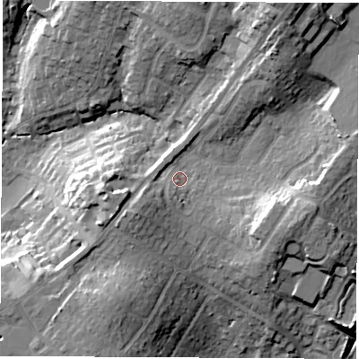 Shaded relief map of the ground around SO532BB, computed from Environment Agency LiDAR. The ground here sits at about 41 m above sea level and falls 25 m across the surrounding 800 m. Surface water reaching this point runs off ground lying to the north-north-east, 15.8 m higher.
