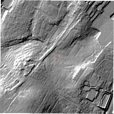 Shaded relief map of the ground around SO532BG, computed from Environment Agency LiDAR. The ground here sits at about 39 m above sea level and falls 24 m across the surrounding 800 m. Surface water reaching this point runs off ground lying to the north-north-east, 16.3 m higher.