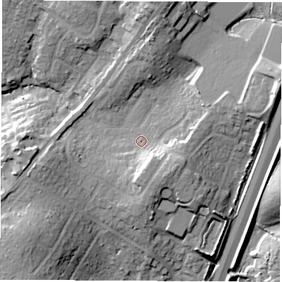 Shaded relief map of the ground around SO532BH, computed from Environment Agency LiDAR. The ground here sits at about 40 m above sea level and falls 25 m across the surrounding 800 m. Surface water reaching this point runs off ground lying to the south-east, 8.9 m higher.