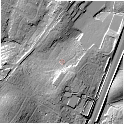 Shaded relief map of the ground around SO532BJ, computed from Environment Agency LiDAR. The ground here sits at about 41 m above sea level and falls 24 m across the surrounding 800 m. Surface water reaching this point runs off ground lying to the south-south-east, 8.9 m higher.
