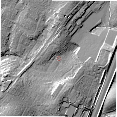 Shaded relief map of the ground around SO532BL, computed from Environment Agency LiDAR. The ground here sits at about 41 m above sea level and falls 23 m across the surrounding 800 m. Surface water reaching this point runs off ground lying to the north-north-east, 17.8 m higher.
