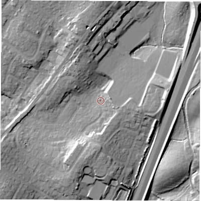 Shaded relief map of the ground around SO532BN, computed from Environment Agency LiDAR. The ground here sits at about 42 m above sea level and falls 26 m across the surrounding 800 m. Surface water reaching this point runs off ground lying to the east-south-east, 5.6 m higher.