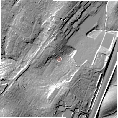 Shaded relief map of the ground around SO532BP, computed from Environment Agency LiDAR. The ground here sits at about 41 m above sea level and falls 23 m across the surrounding 800 m. Surface water reaching this point runs off ground lying to the north, 16.3 m higher.