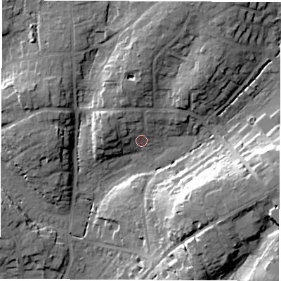 Shaded relief map of the ground around SO532DJ, computed from Environment Agency LiDAR. The ground here sits at about 29 m above sea level and falls 24 m across the surrounding 800 m. Surface water reaching this point runs off ground lying to the west-north-west, 6.5 m higher.