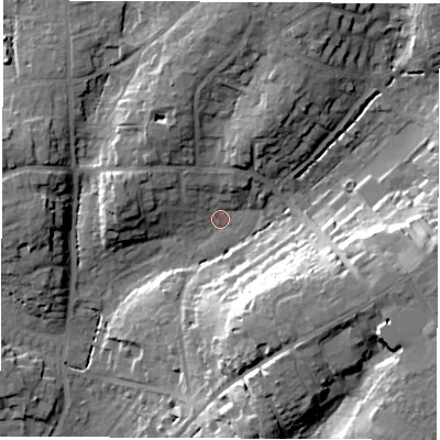 Shaded relief map of the ground around SO532DL, computed from Environment Agency LiDAR. The ground here sits at about 27 m above sea level and falls 24 m across the surrounding 800 m. Surface water reaching this point runs off ground lying to the north-north-east, 13.1 m higher.