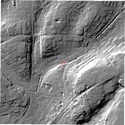 Shaded relief map of the ground around SO532DZ, computed from Environment Agency LiDAR. The ground here sits at about 26 m above sea level and falls 25 m across the surrounding 800 m. Surface water reaching this point runs off ground lying to the east, 19.8 m higher.