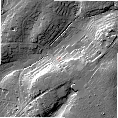 Shaded relief map of the ground around SO532EB, computed from Environment Agency LiDAR. The ground here sits at about 34 m above sea level and falls 26 m across the surrounding 800 m. Surface water reaching this point runs off ground lying to the south, 11.7 m higher.