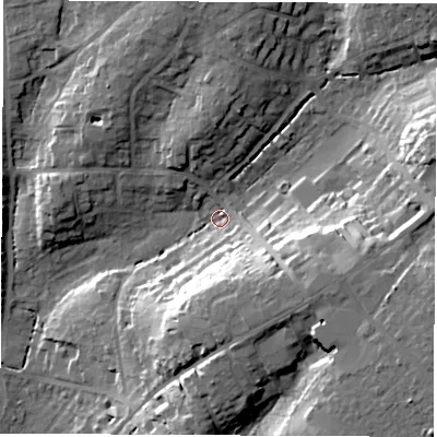 Shaded relief map of the ground around SO532EE, computed from Environment Agency LiDAR. The ground here sits at about 28 m above sea level and falls 25 m across the surrounding 800 m. Surface water reaching this point runs off ground lying to the east-north-east, 19.2 m higher.